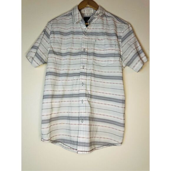 PrAna Men’s Short Sleeve Button Down Gray White and Orange Size Medium - Picture 1 of 5